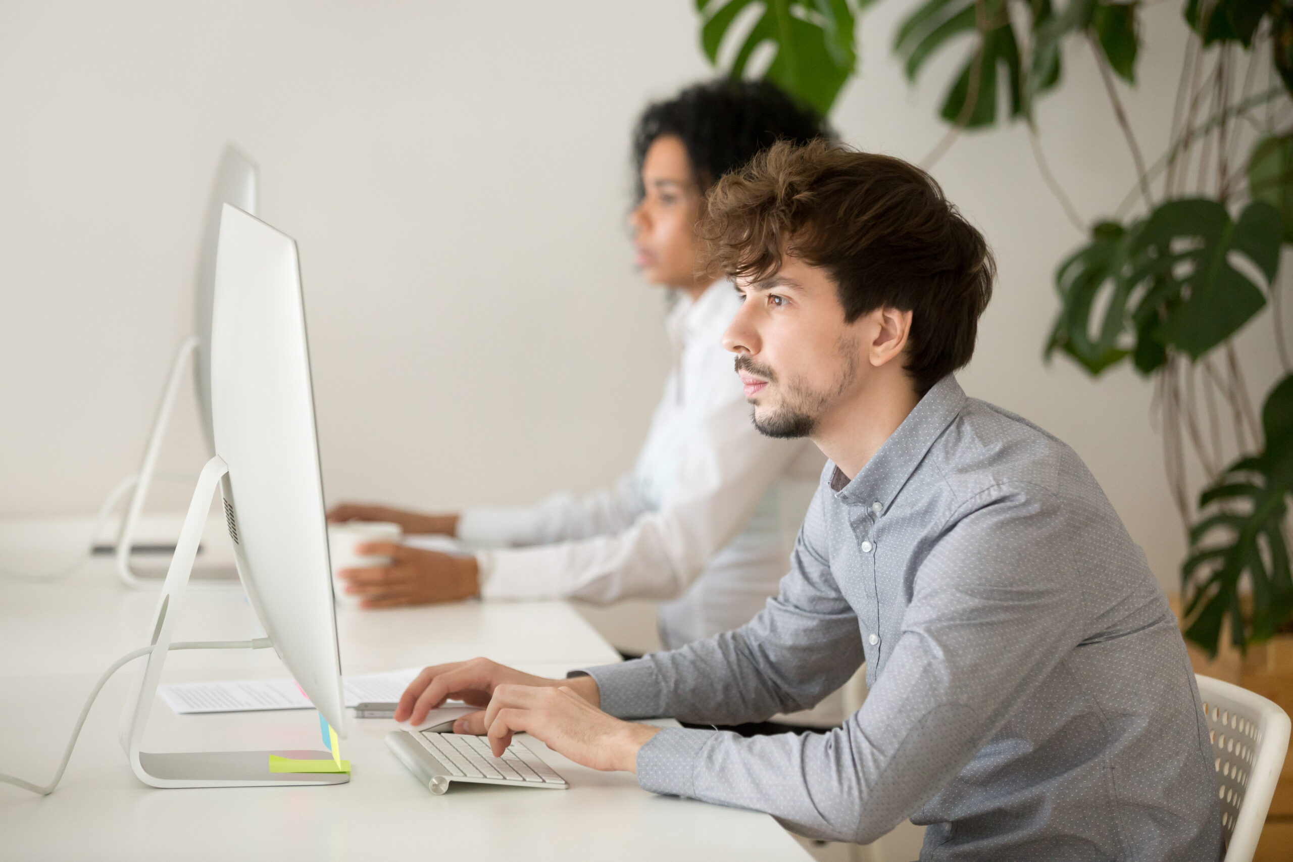 Young serious employee focused on computer work in multiracial o